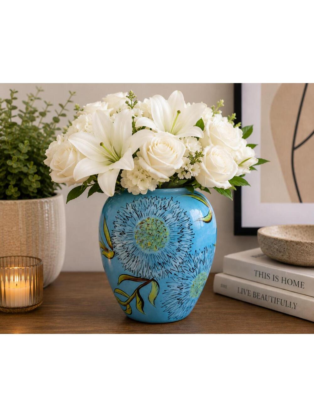 Vintage Hand Painted Turquoise Ceramic Floral Vase Modern Art Pottery Decor